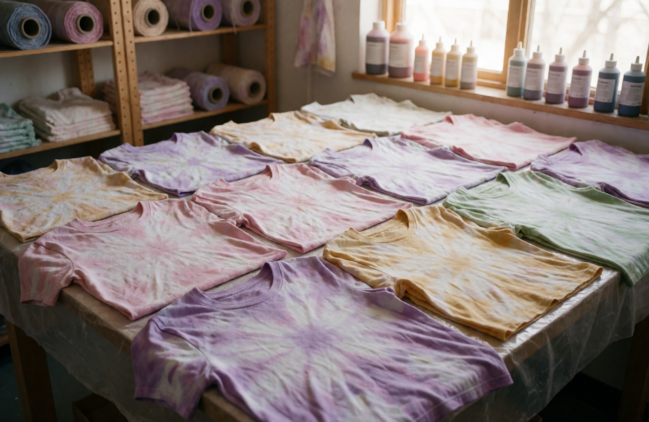 A studio table laid out with hand-dyed pastel spiral tie-dye shirts, dye bottles by the window