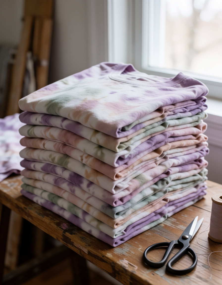 A stack of folded pastel tie-dye shirts ready to hand out