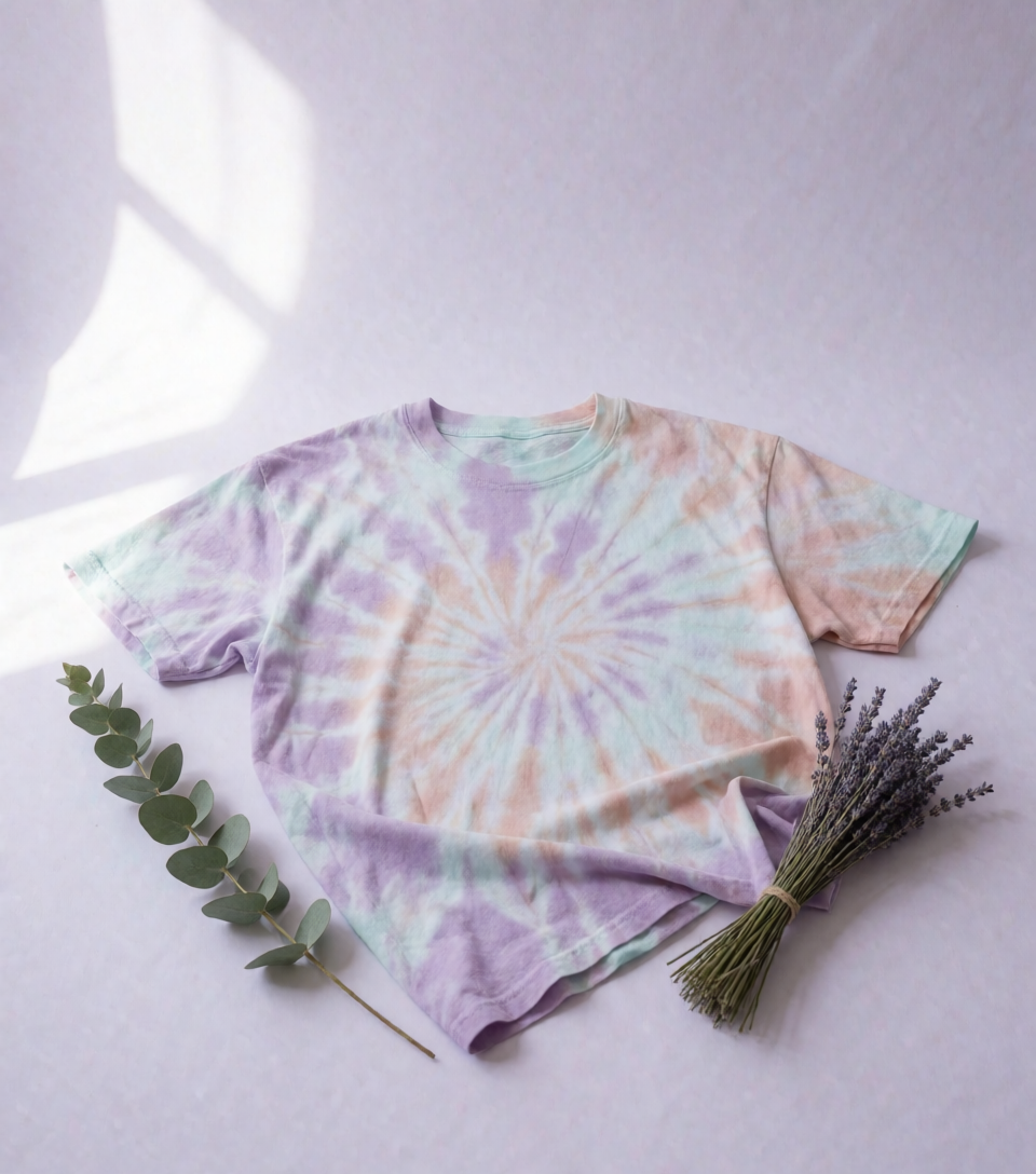 A one of a kind lavender spiral tie-dye shirt with eucalyptus and dried lavender