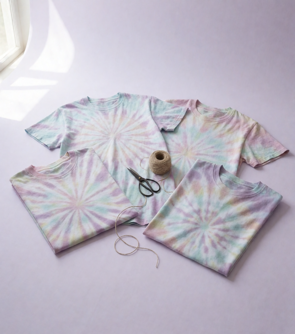 A scatter of one of a kind tie-dye shirts fresh off the line