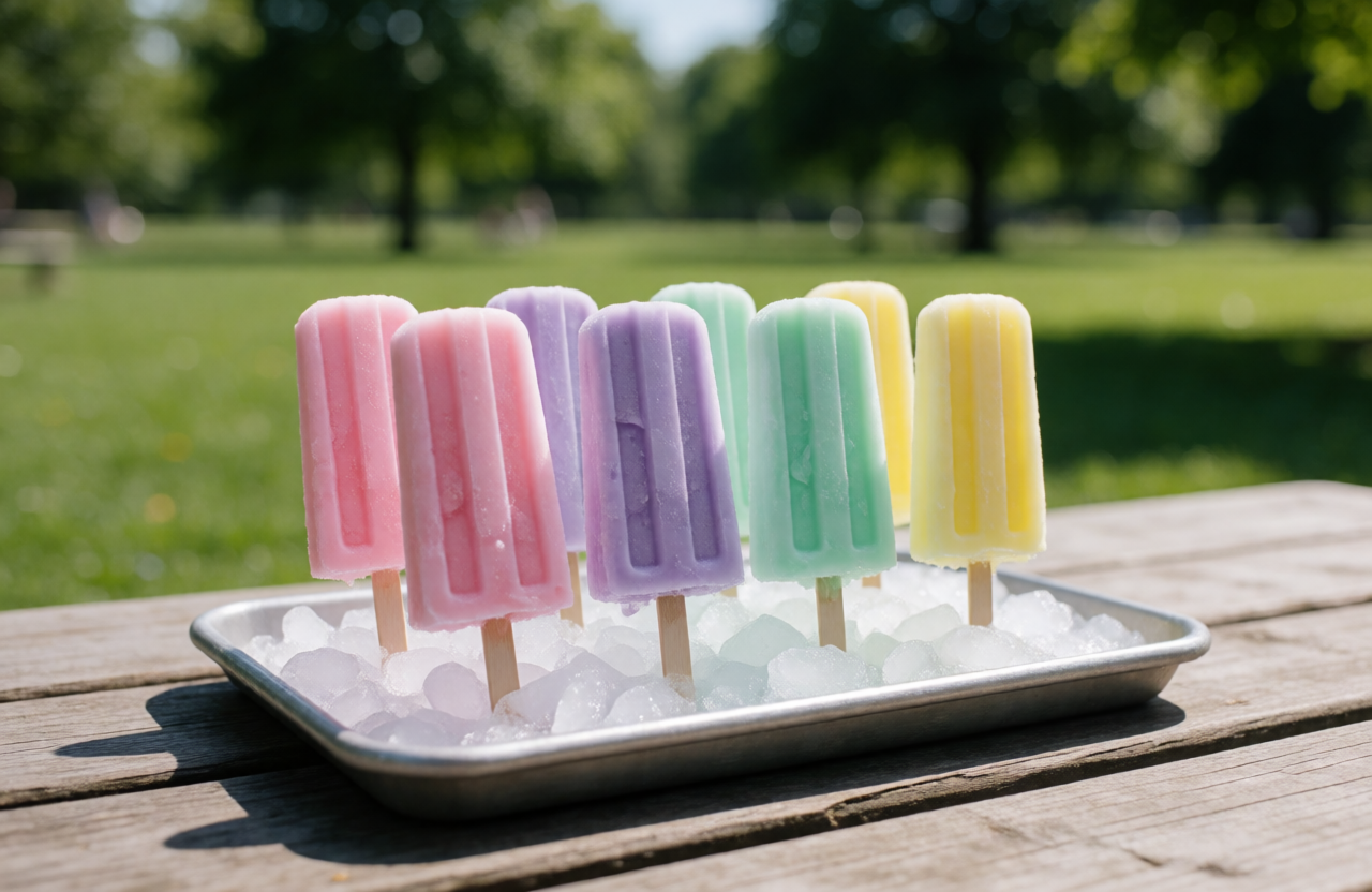 A tray of pastel ice pops on ice on a picnic table in a park