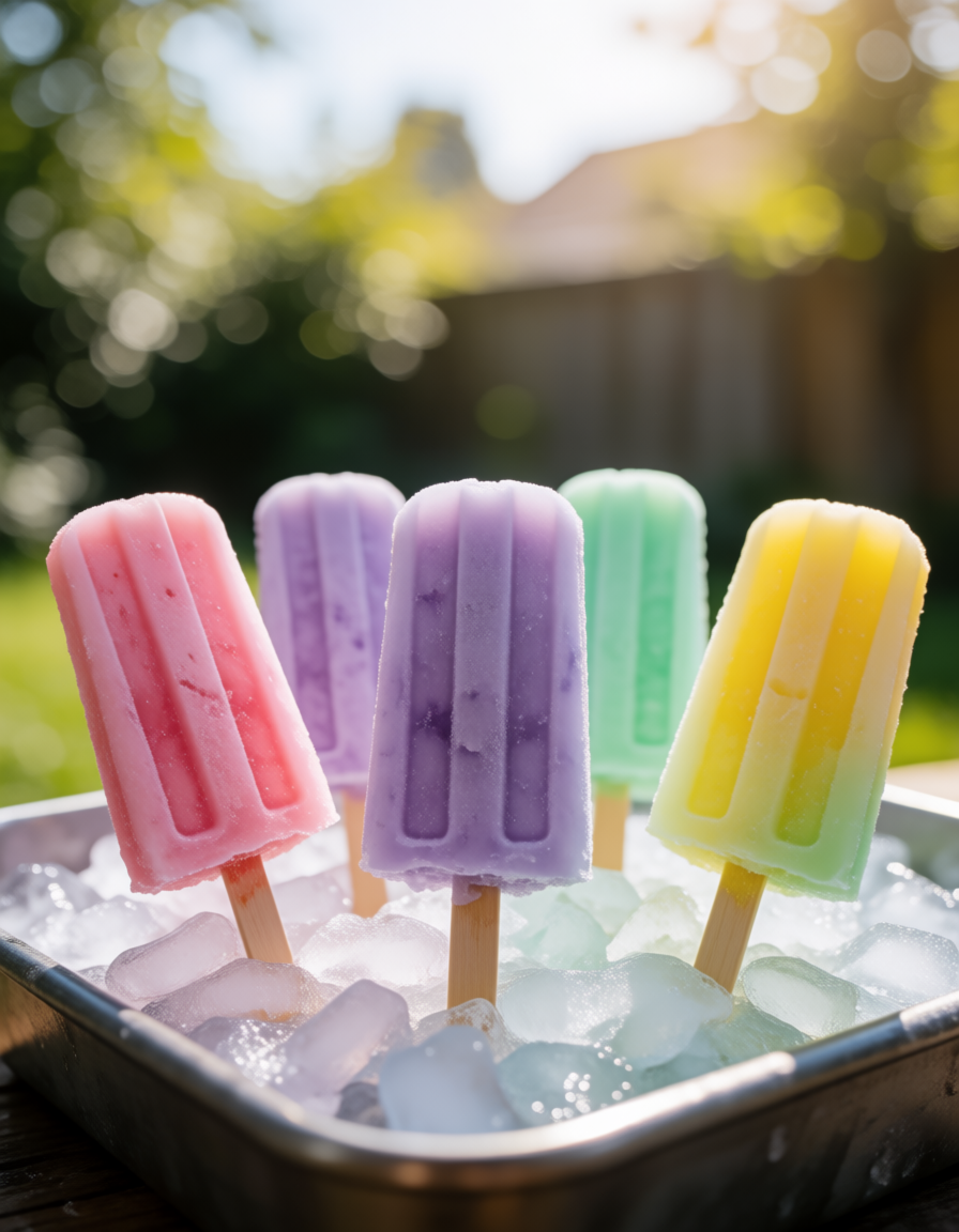 Pastel ice pops standing on a bed of ice