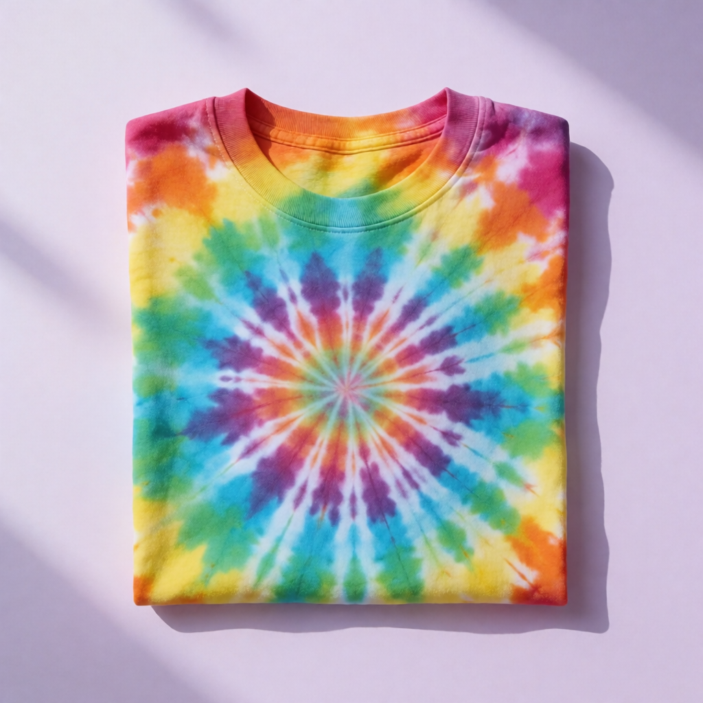 A vibrant multicolor spiral tie-dye shirt, folded on a lavender backdrop