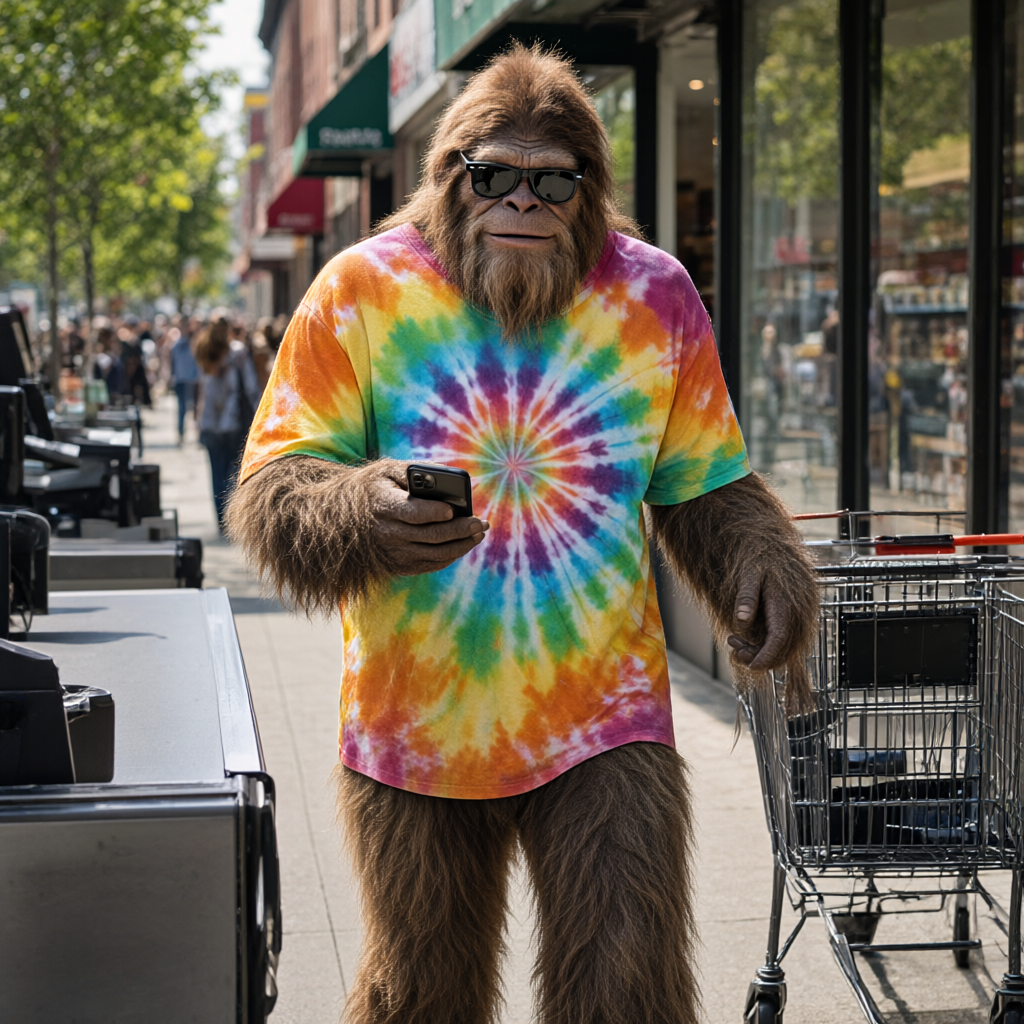 Bigfoot, the Peacework Designs mascot, wearing the Meadow Spiral, looking at his phone in a grocery store line