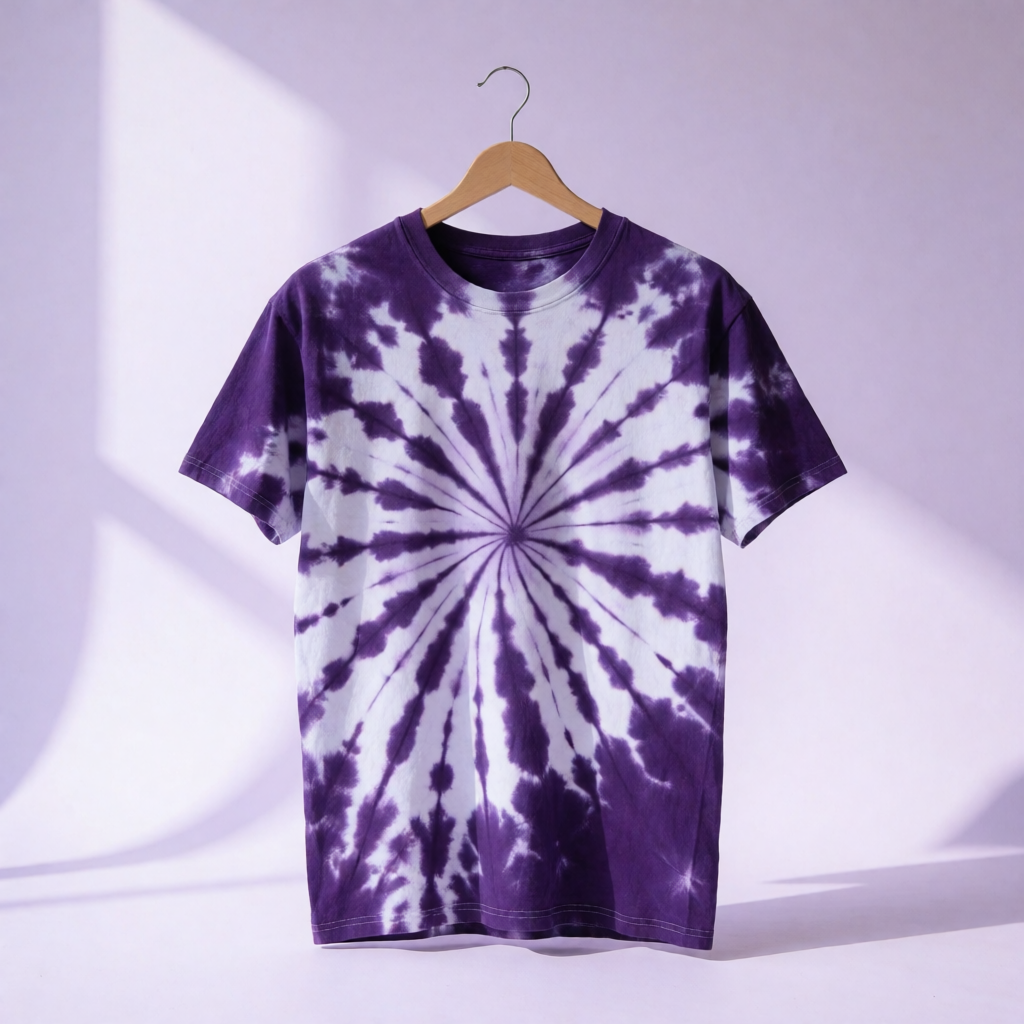 A purple and white spiral tie-dye shirt hanging on a wooden hanger