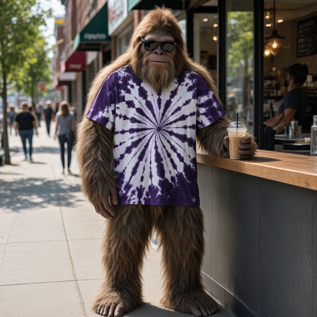 Bigfoot wearing the Sunrise Bullseye, leaning against a cafe counter with an iced coffee