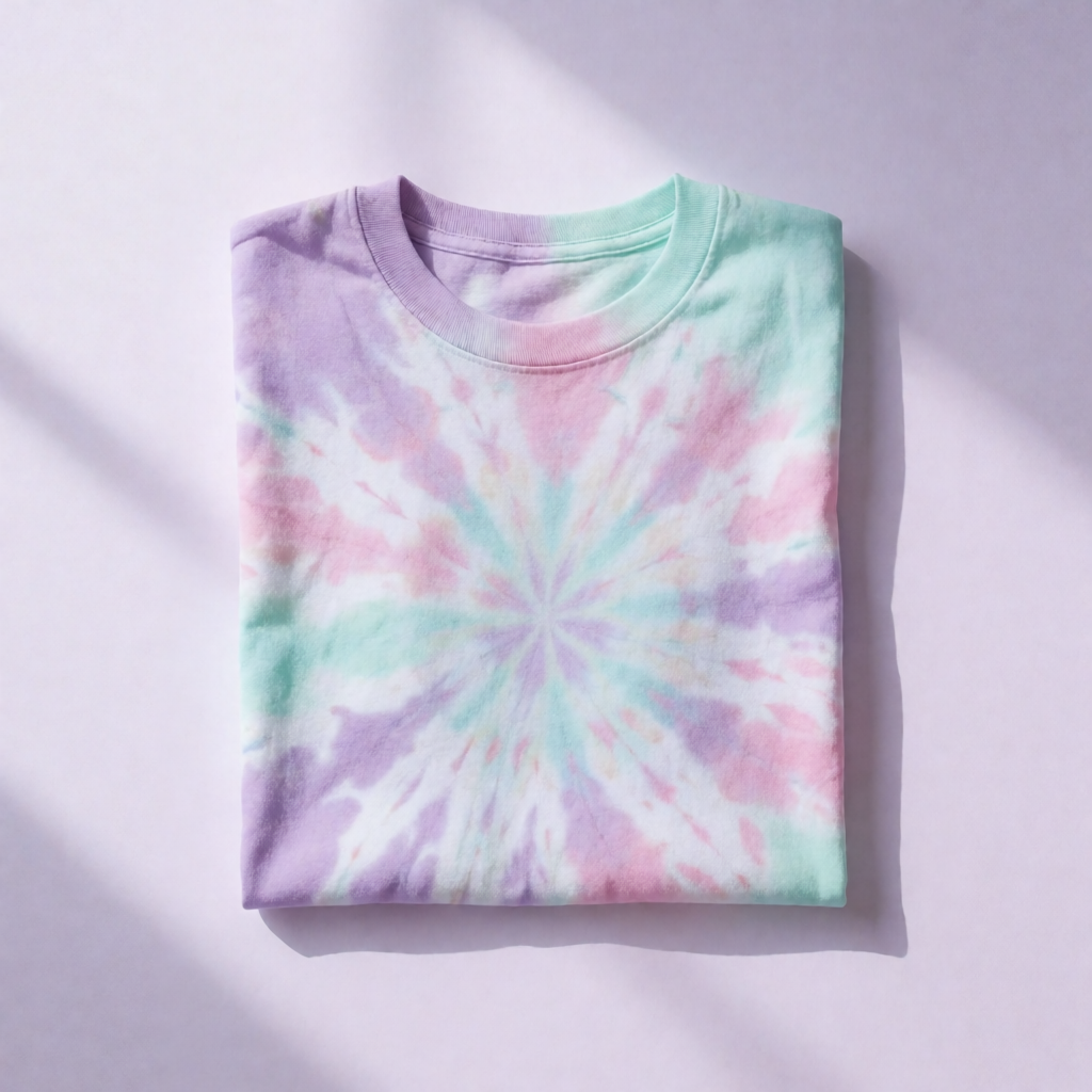 A pastel lavender, mint, and pink spiral tie-dye shirt, folded