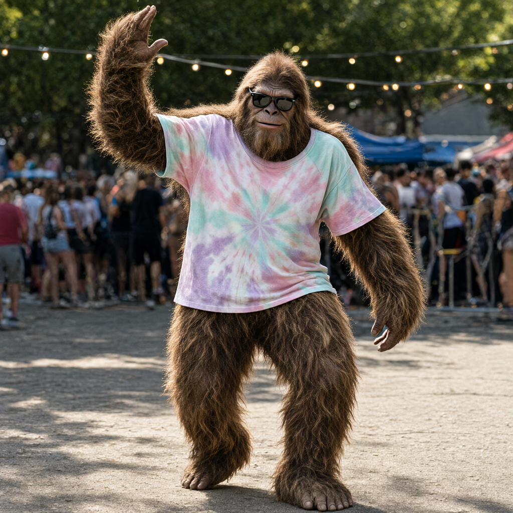 Bigfoot wearing the Firework Evening, dancing at an outdoor festival