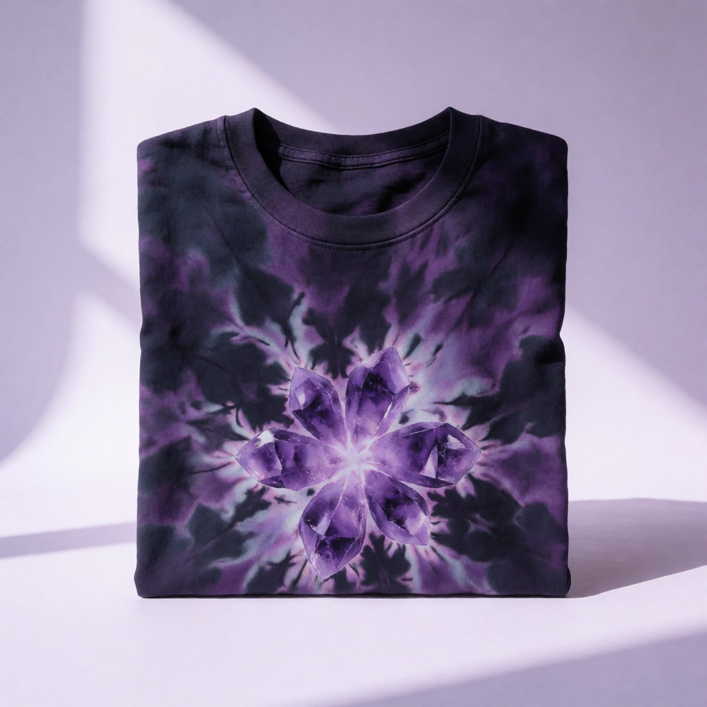 A dark purple geode-style tie-dye shirt with a glowing amethyst center, folded