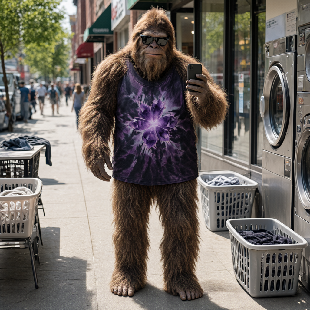 Bigfoot wearing the Geode Bloom, taking a mirror selfie at the laundromat