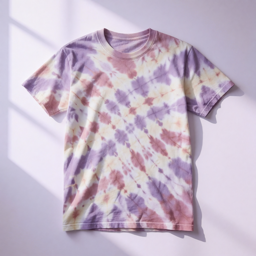 A wavy striped tie-dye shirt in purple, cream, and dusty rose, hanging on a wooden hanger