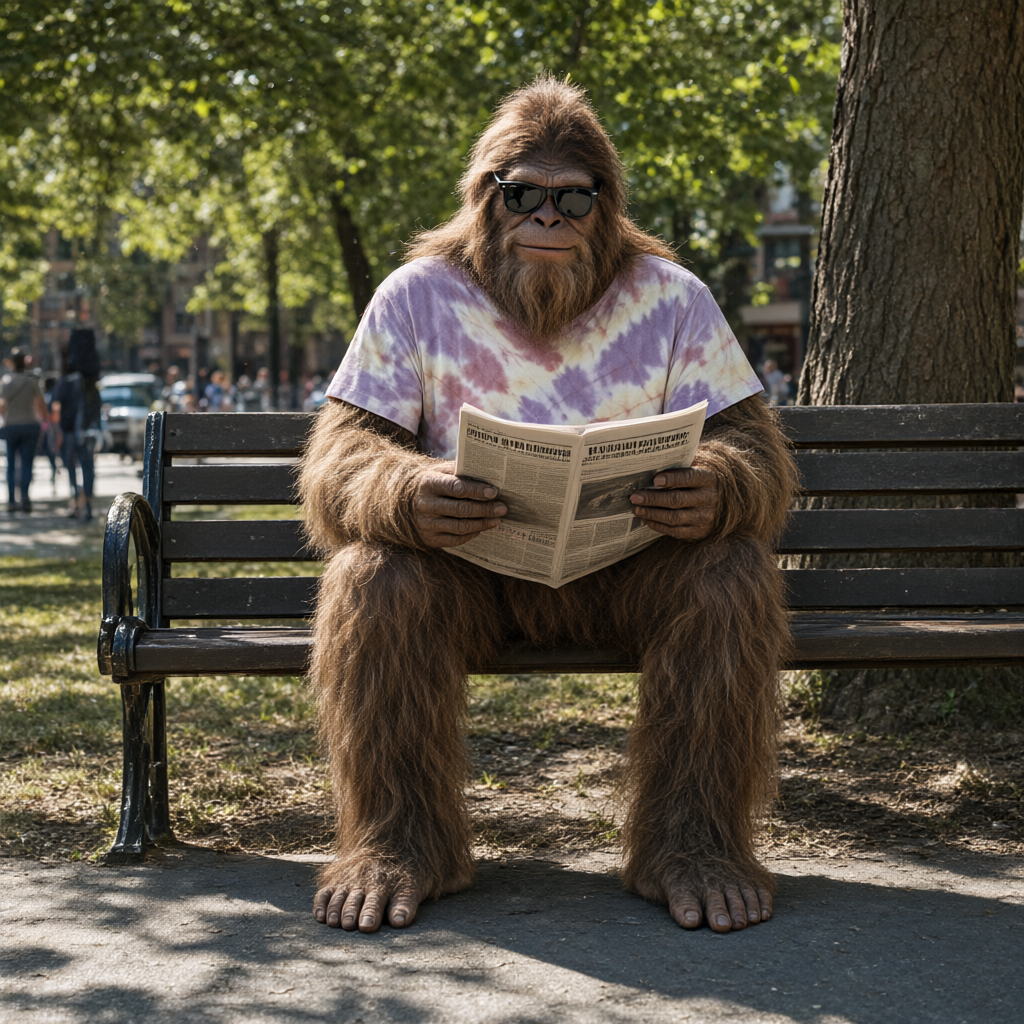 Bigfoot wearing the River Bend, reading a newspaper on a park bench
