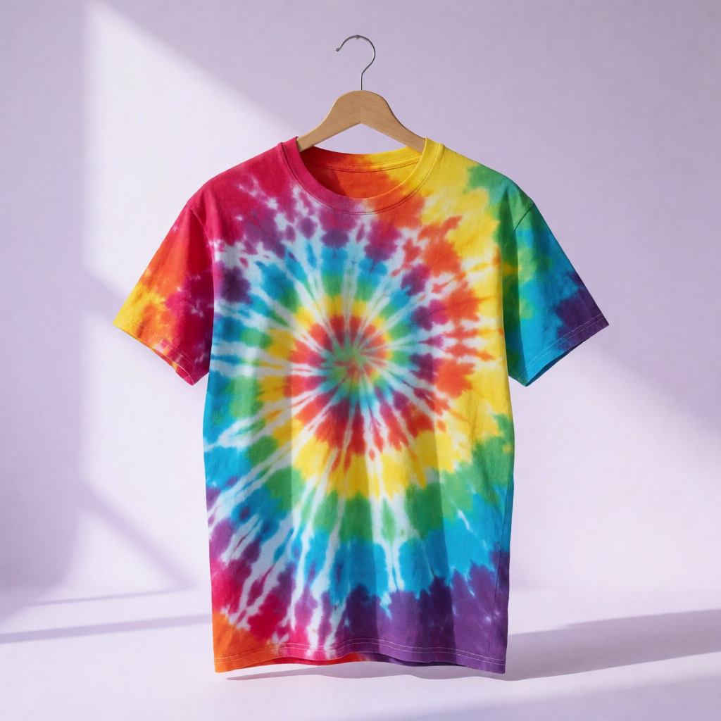 A full spectrum rainbow spiral tie-dye shirt on a wooden hanger