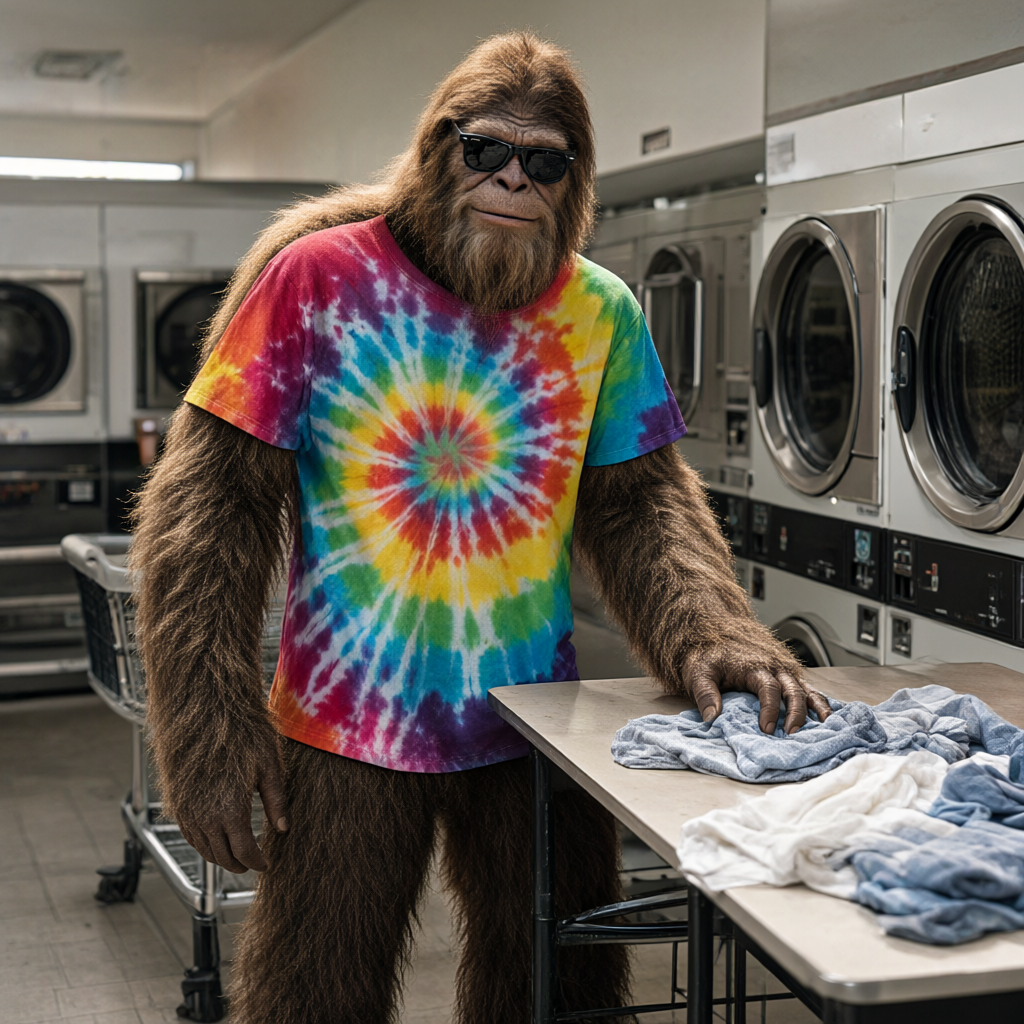 Bigfoot wearing the Classic Rainbow, folding laundry at the laundromat