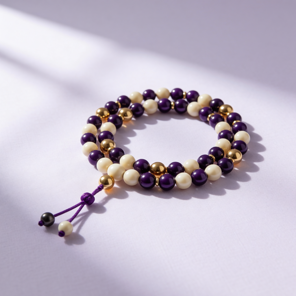 Lavender prayer beads in purple, cream, and gold glass beads with a soft tassel