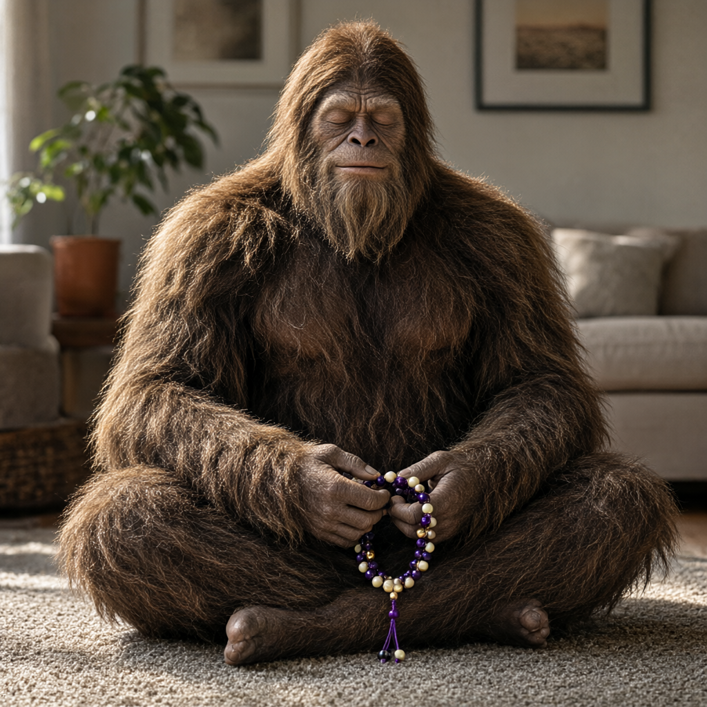 Bigfoot meditating on a living room rug, clicking through lavender prayer beads