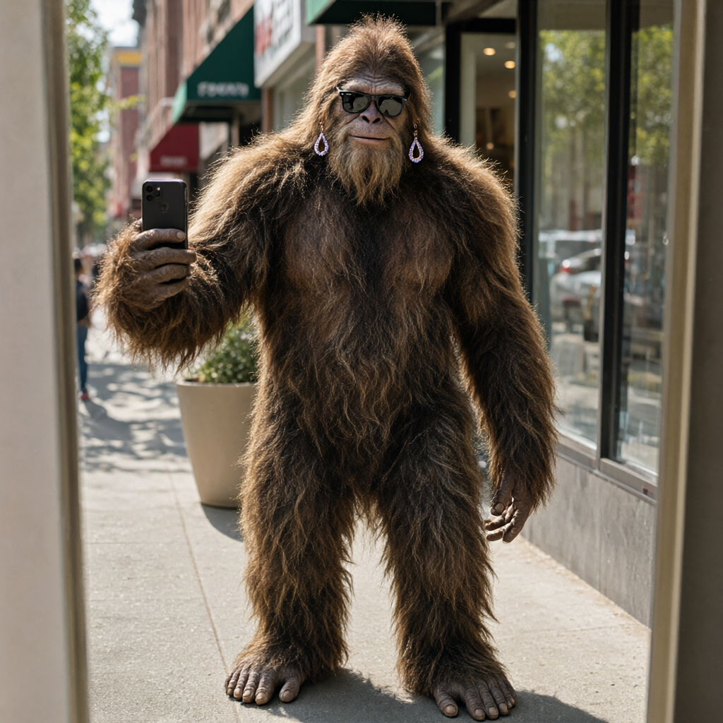 Bigfoot in a bathroom mirror selfie wearing the Dewdrop Bead Earrings