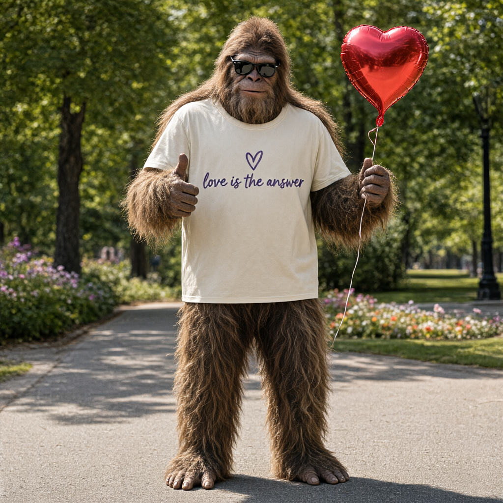 Bigfoot wearing the Love Is the Answer print, holding a heart balloon in a park