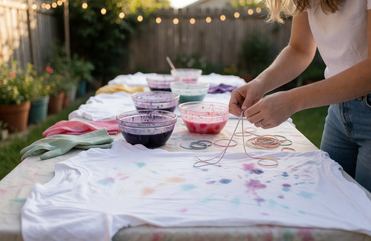 A backyard tie-dye party table with dye bowls, gloves, and a rubber-banded shirt under string lights