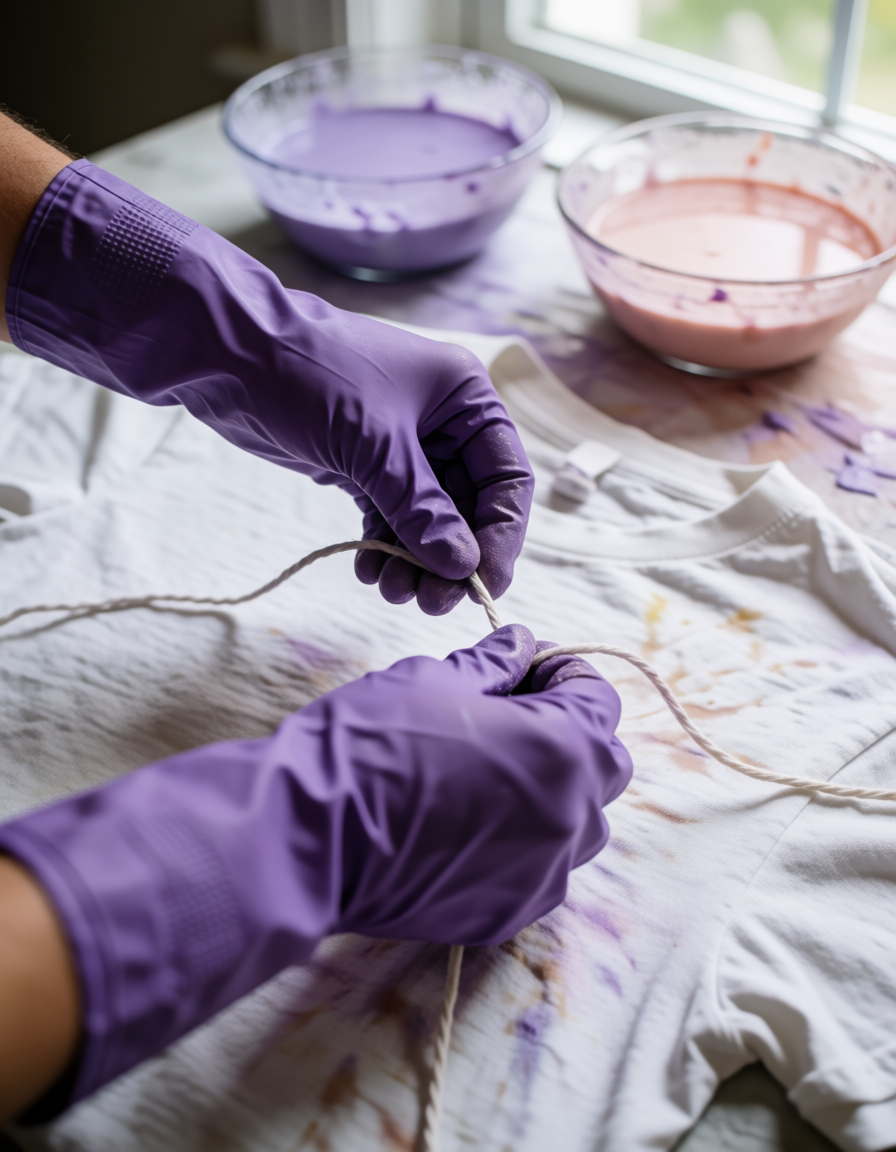 Gloved hands tying a white shirt with string before dyeing
