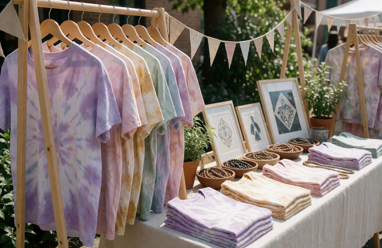 A vendor table with pastel tie-dye shirts on a hanging rail, framed prints, and bowls of prayer beads