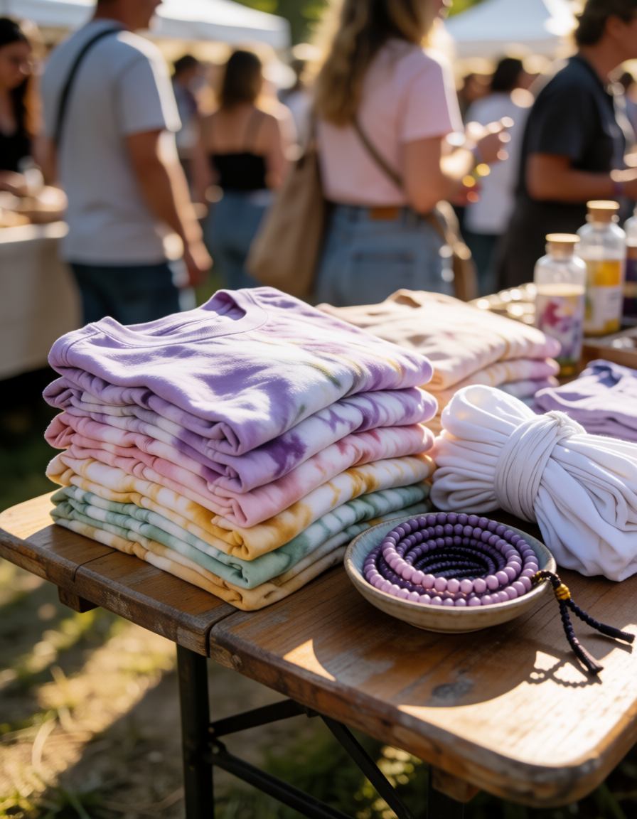 Folded pastel tie-dye shirts and a bowl of prayer beads on a market table